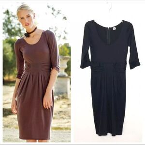 Peruvian Connection Black Gathered Ruched Waist 3/4 Sleeve Dress Pima Cotton - M